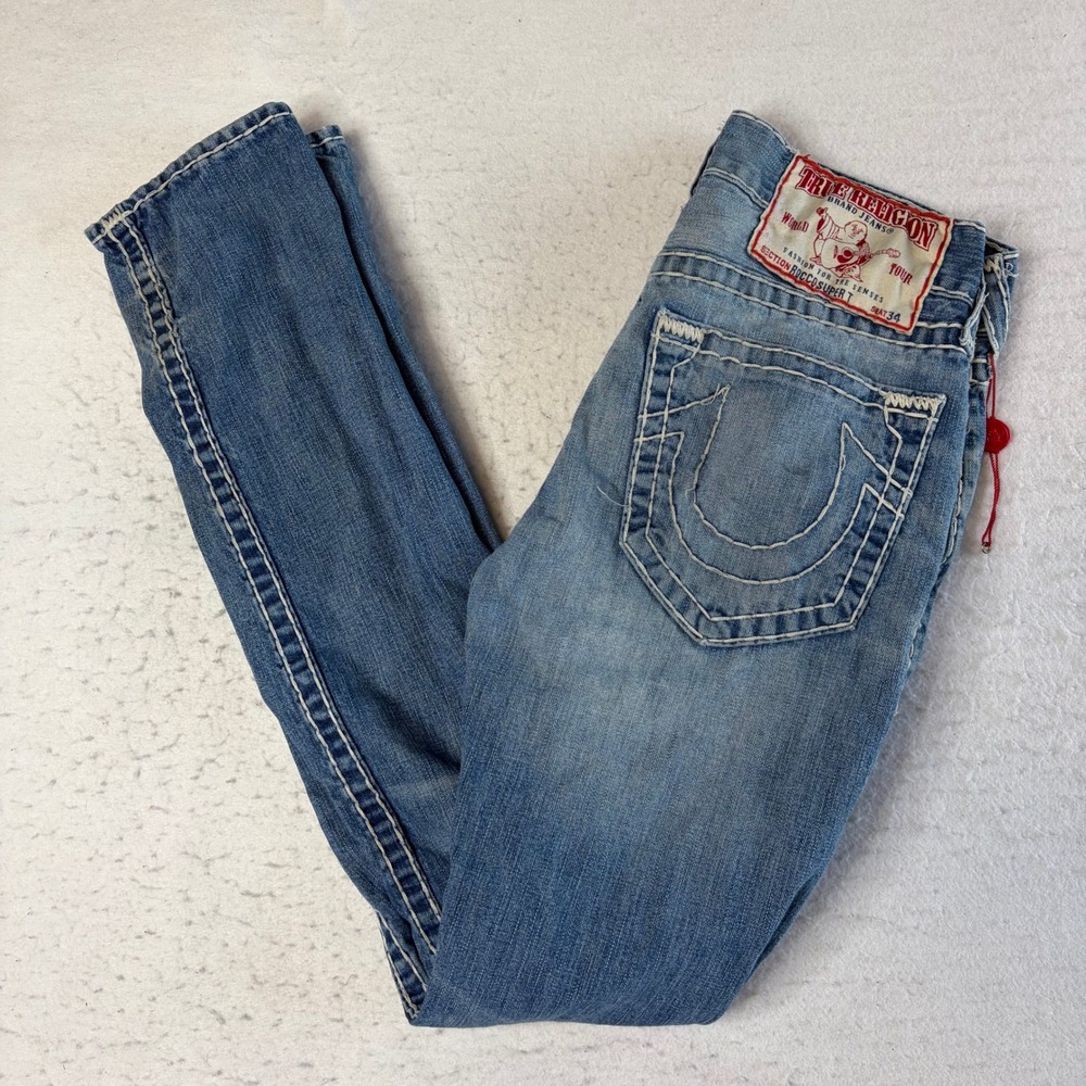 True Religion Rocco Super T Jeans Mens Size 30 Blue Distressed Thick Stitch